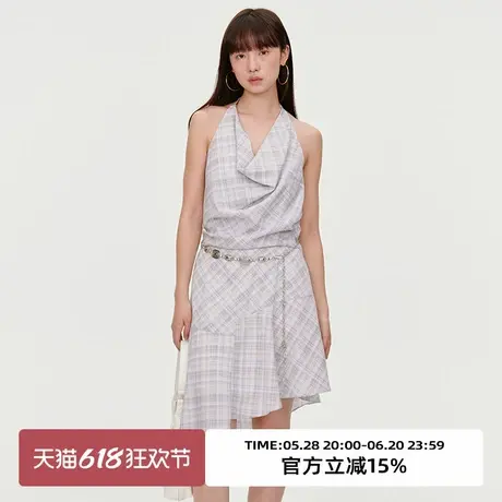 omont蛋挞家 复古格纹挂脖荡领吊带连衣裙2025春季不规则收腰短裙图片
