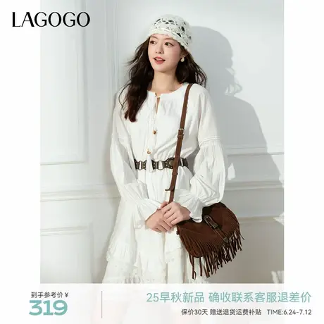 LAGOGO公主风白色长袖连衣裙女拉谷谷2025夏秋新款纯棉蕾丝蛋糕裙图片