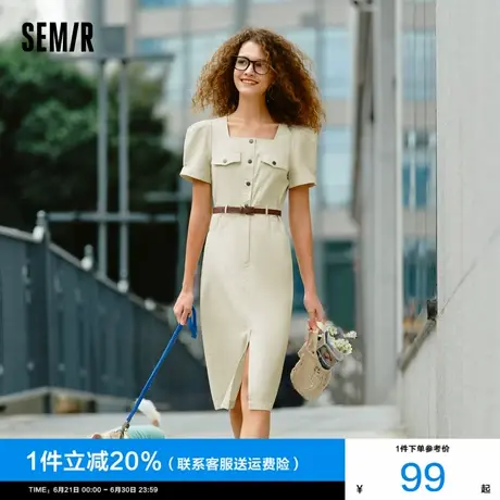 [商场同款]森马连衣裙女方领开叉中长裙2024新款夏盐系工装裙复古图片