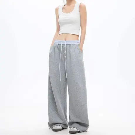撞色拼接排扣阔腿运动卫裤女2025夏季新款复古宽松显瘦薄款休闲裤图片