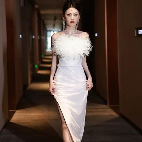 晚礼服女高级感白色主持人性感气质鱼尾裙羽毛亮片轻奢宴会连衣裙图片