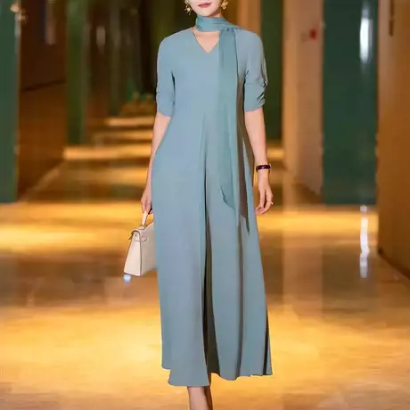 夏季连衣裙女2025新款气质简约优雅端庄收腰显瘦长款v领拼接a字裙图片