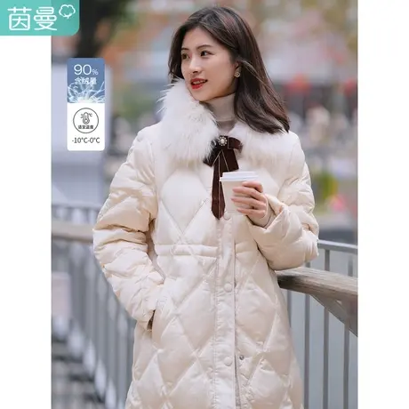 茵曼2023冬女装新款简约菱形格纯色腰部抽橡筋中长款保暖型羽绒服图片