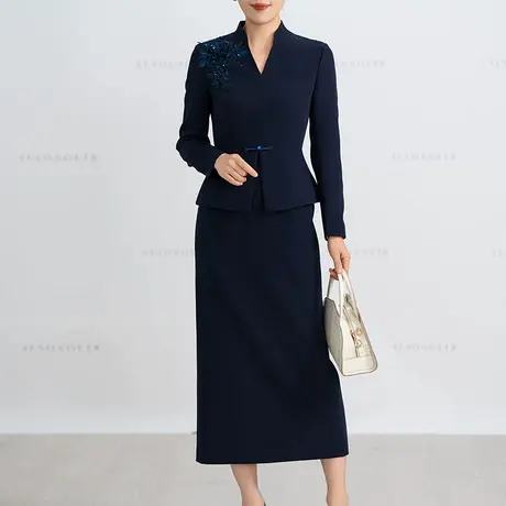 端庄大气连衣裙2025春季新款中式复古假两件修身中长款长袖直筒裙图片