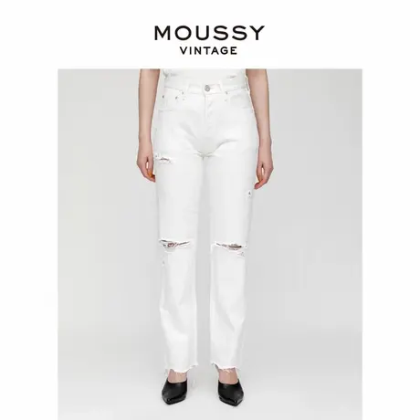 MOUSSY VINTAGE 春季高腰破洞裤脚毛边直筒牛仔裤女540FSC11-2130图片