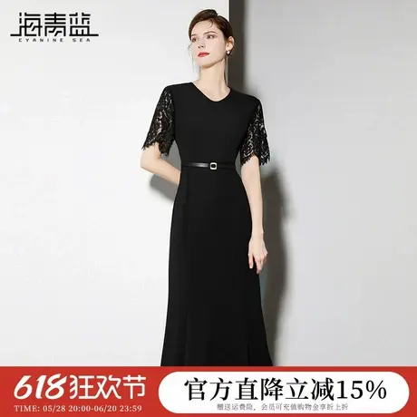 海青蓝 蕾丝拼接连衣裙女2025年新款女装时尚气质中长款短袖裙子图片