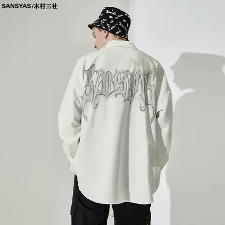 木村三社SANSYAS 素描字母日系休闲白色衬衫长袖男潮牌春秋季外套图片