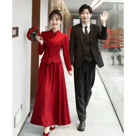红色旗袍敬酒服2023新款新娘秋冬季长袖订婚礼服回门服秀禾服嫁衣图片
