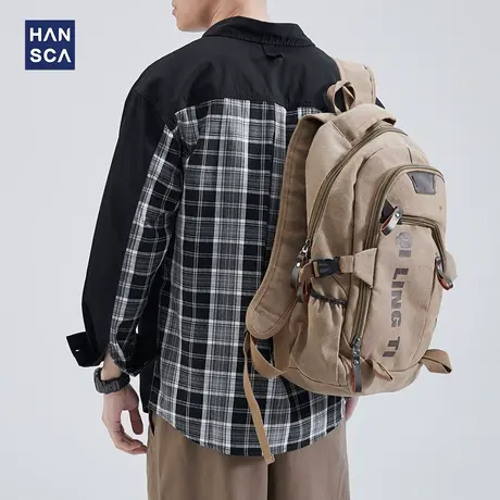 hansca格子衬衫长袖男美式休闲2023春季潮牌拼接宽松百搭纯棉外套图片