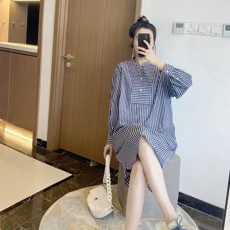 条纹中长款长袖休闲大码胖妹妹200斤2024年新款秋装女装连衣裙图片