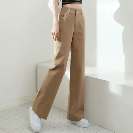 卡其色裤子女秋冬季2024新款纯棉休闲裤女裤阔腿裤女高腰直筒长裤图片