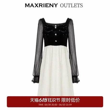 【奥莱】MAXRIENY甜美复古感丝绒裙春季拼接花纱连衣裙图片