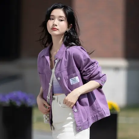 2024早春新款流行爆款紫色牛仔外套女宽松休闲小个子上衣夹克褂子图片