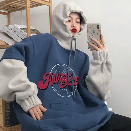 waitmore连帽卫衣女2020秋冬ins宽松韩版假两件上衣加绒加厚外套图片