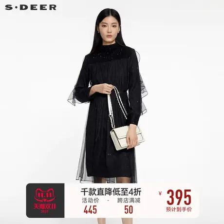 sdeer圣迪奥女装圆领荷叶边收腰网纱连衣裙S231Z1219图片