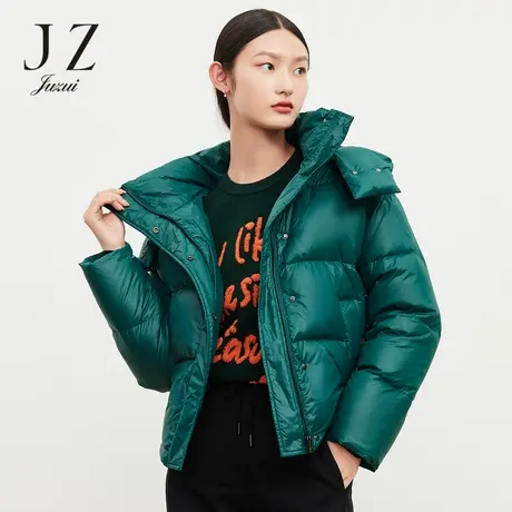 JUZUI玖姿2021冬季新款白鹅绒墨绿色休闲运动风轻盈女短款羽绒服图片
