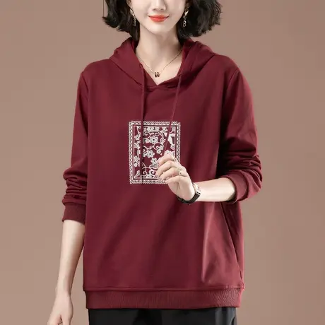 连帽卫衣女秋冬加肥加大码女装宽松中年妈妈休闲百搭刺绣套头上衣图片