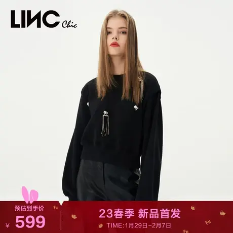LINC金羽杰2023年秋季新款女宽肩套头圆领钻饰流苏卫衣S231HD104Y图片