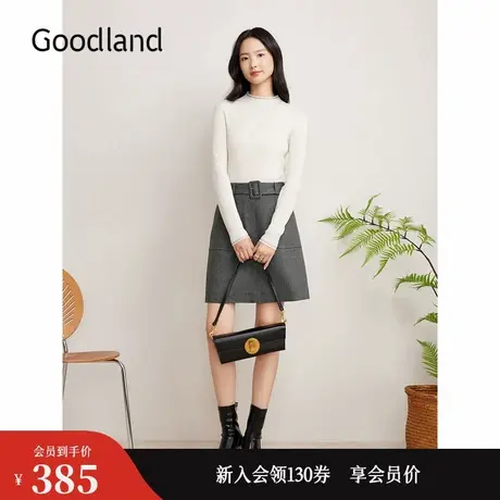 Goodland美地2024冬季新款法式斜纹亮丝高智感小A字半身裙图片