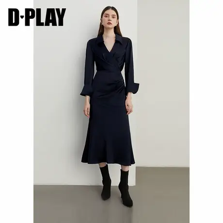 DPLAY2025年春季优雅气质蓝色V领缎面收腰连衣裙鱼尾裙长裙女图片