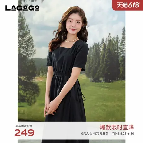 LAGOGO方领泡泡袖系带修身连衣裙女拉谷谷2025年夏季新款黑色裙子图片