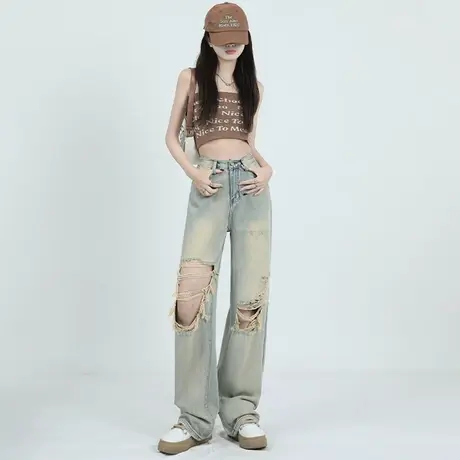 浅蓝色破洞窄版阔腿牛仔裤女夏季2023年新款设计感显瘦垂感拖地裤图片