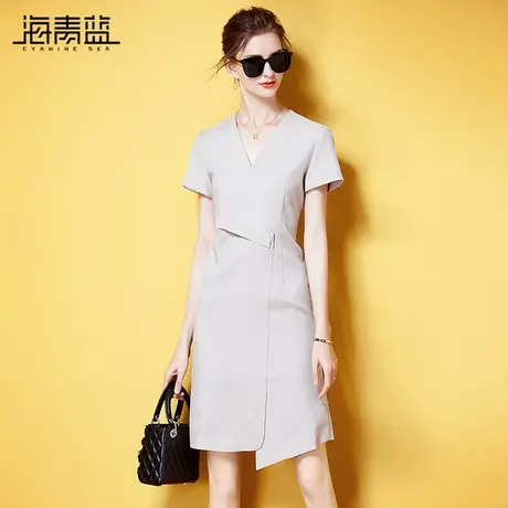 海青蓝名媛气质v领连衣裙女夏季新款时尚简约纯色不规则修身裙子图片