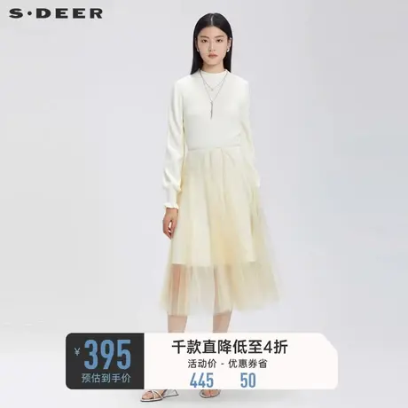 sdeer圣迪奥女装圆领收腰网纱泡泡袖连衣裙S231Z1208图片