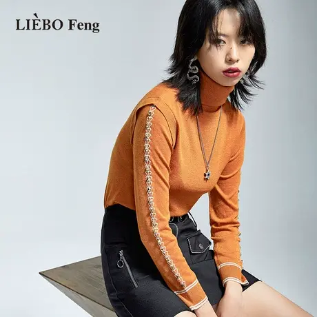 B裂帛LIEBOFeng设计师品牌chic百搭高领OL通勤简约橙色柔软针织衫图片