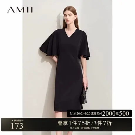Amii2025夏新款V领荷叶袖喇叭袖连衣裙女修身显瘦垂感雪纺裙子图片