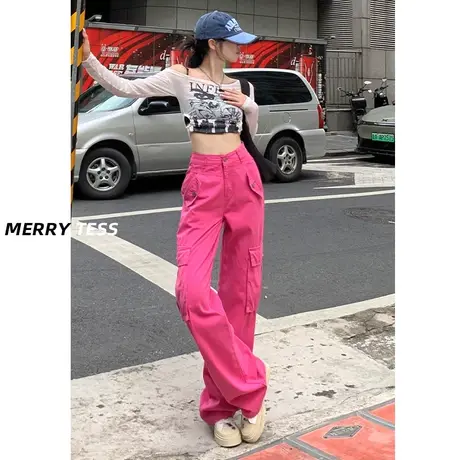 粉色直筒工装裤女2023年秋季新款设计感口袋百搭修身宽松潮阔腿裤图片