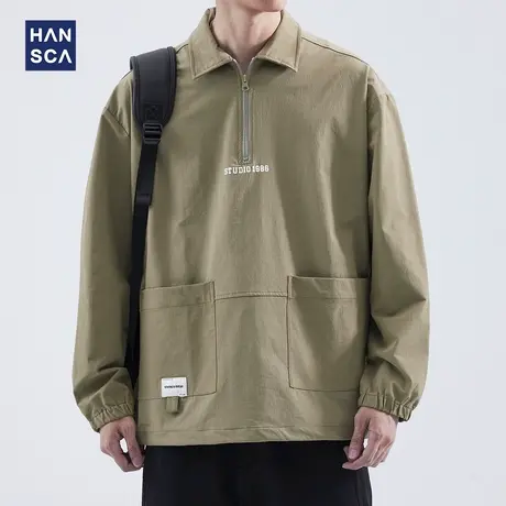 hansca美式Polo领长袖衬衫男秋季潮牌复古休闲户外宽松工装外套潮图片
