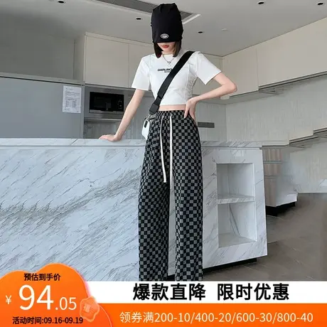 【艾格】2023新款秋季时尚阔腿裤子女裤百搭收腰显瘦抽绳直筒裤图片
