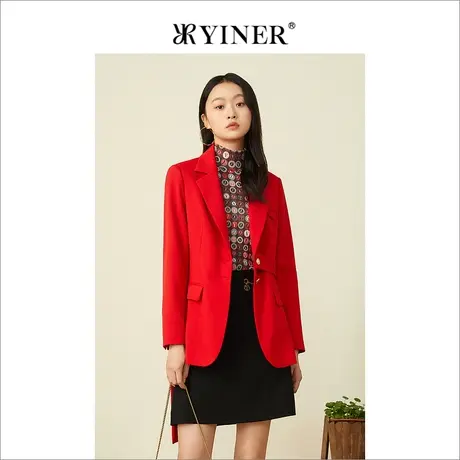 YINER音儿女装春季通勤一粒扣红色西装领短外套图片