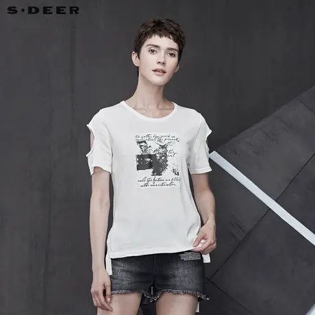sdeer outlets圣迪奥不规则裁剪字母印胶开衩短袖针织衫S19283512图片