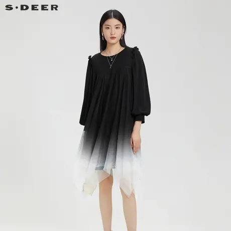 sdeer圣迪奥圆领木耳边网纱灯笼袖连衣裙S221Z1297图片