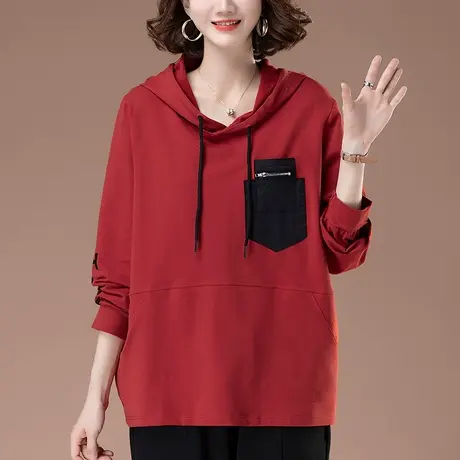 连帽卫衣女春秋宽松加肥加大码女装中年妈妈休闲遮肚红色上衣外套图片