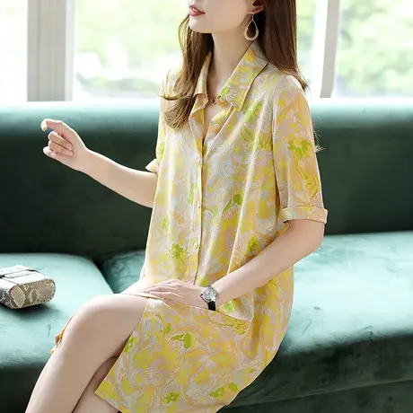 宝诗黎五分袖衬衫裙短袖桑蚕丝碎花连衣裙女2024夏季新款中长裙子图片