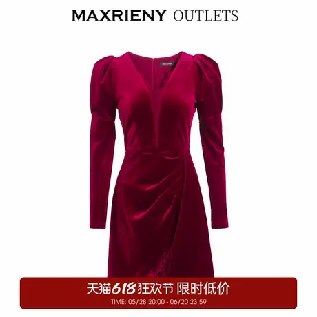 【奥莱】MAXRIENY红色礼服丝绒连衣裙冬款V领复古短裙子图片
