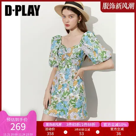 DPLAY秋装法式度假风新中式宫廷领蓝调繁花青花瓷印花连衣裙图片