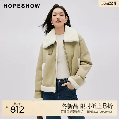 红袖outlets炸街机车风短外套hopeshow2023冬款落肩拉链立领上衣图片