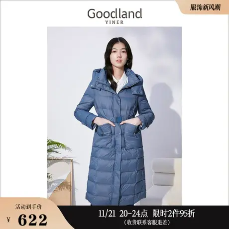 Goodland美地女装冬季时尚连帽中长款轻薄白鸭绒保暖羽绒服图片