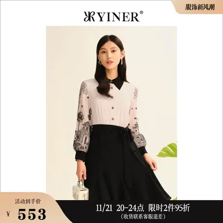 YINER音儿专选秋季女装刺绣印花长袖收腰气质polo衬衫连衣裙图片