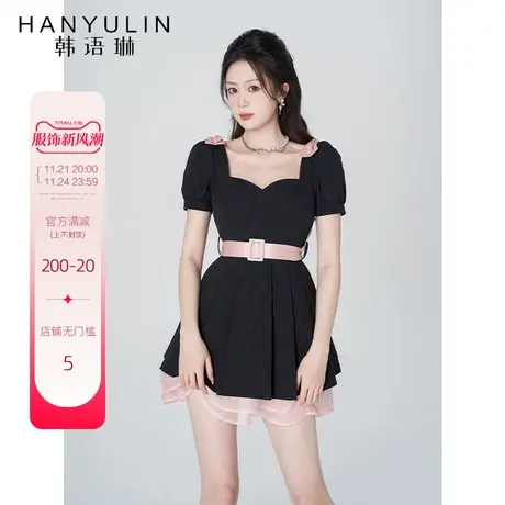 韩语琳可盐可甜黑色连衣裙女夏季新款设计感小众桃心领花苞短裙子图片