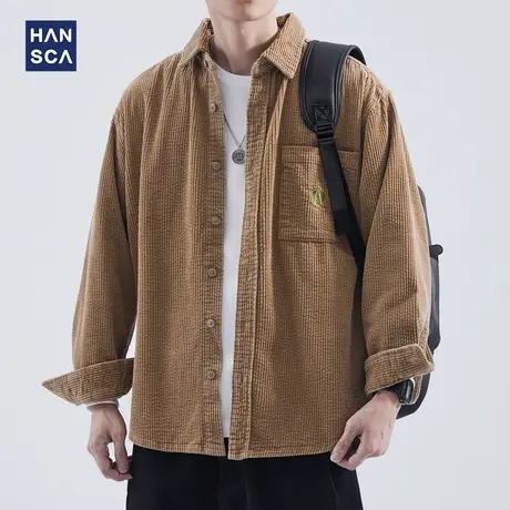 hansca日系灯芯绒长袖衬衫男士秋季潮牌复古宽松重磅纯棉开衫外套图片