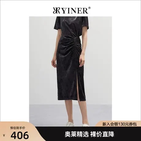 YINER音儿专柜女装2022春季新款丝绒旗袍式开衩半身裙图片
