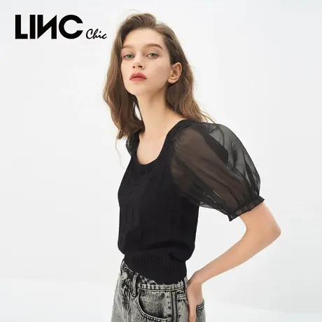 LINC金羽杰针织衫女2023秋季新款复古宫廷泡泡袖轻薄女款毛衣正品图片