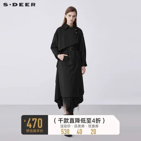 sdeer圣迪奥女装春秋装休闲翻领拼接收腰双排扣长款风衣S21381805图片