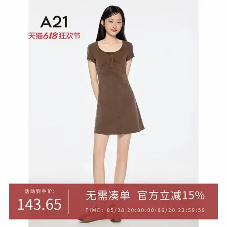 A21女装圆领高腰连衣裙2025夏季新款简约中长裙纯色修腰短袖A字裙图片