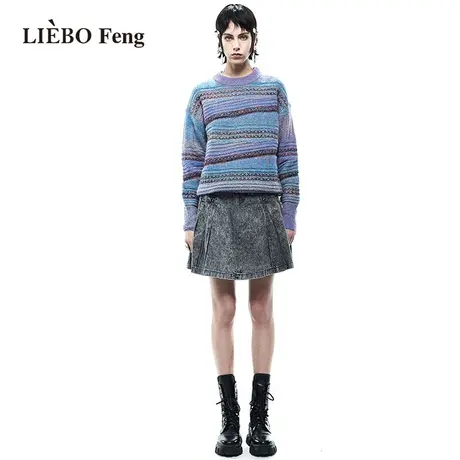 裂帛LIEBOFeng设计师品牌chic复古渐变蓝色条纹百搭套头针织衫图片